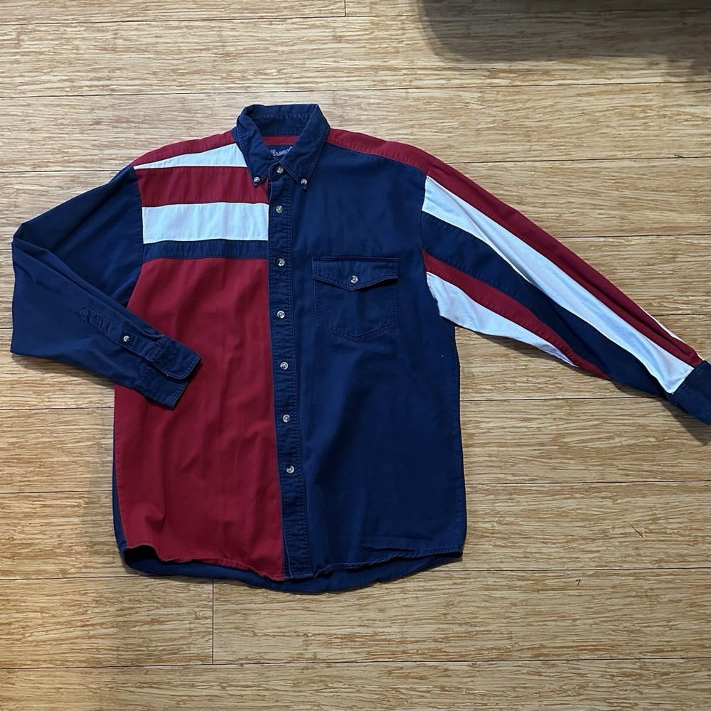 Vintage Wrangler Western Colorblock Patriotic Red White Blue Button Down Shirt